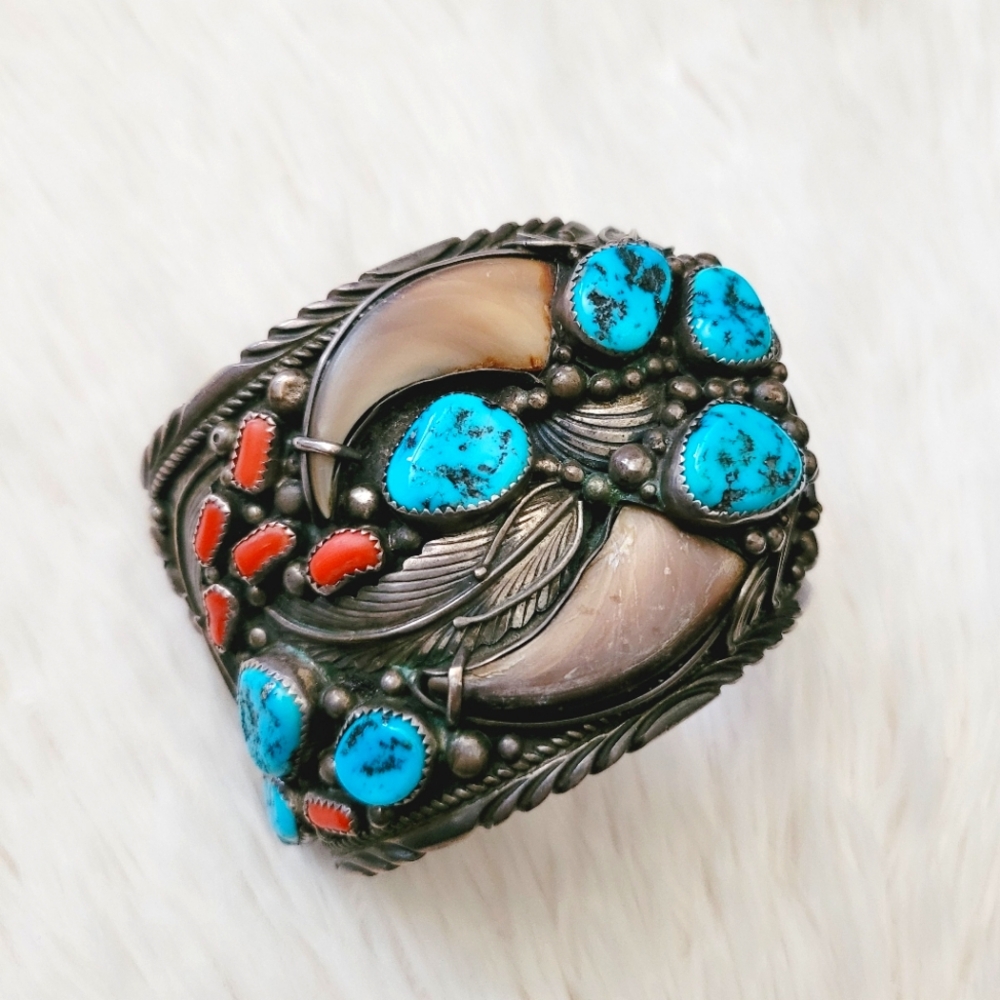 Vintage Navajo Sterling Silver Turquoise Coral Bear Claw Bracelet